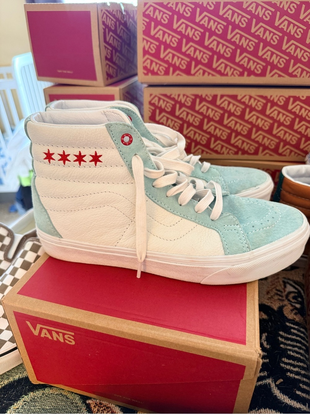 Vans Sk8-Hi White & Light Blue Suede High Tops Women 9.5/Men 8 Chicago Edition!